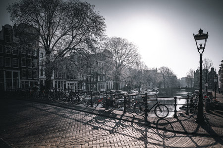 Amsterdam canals and bicycles in winter. Holland, Netherlands.の写真素材