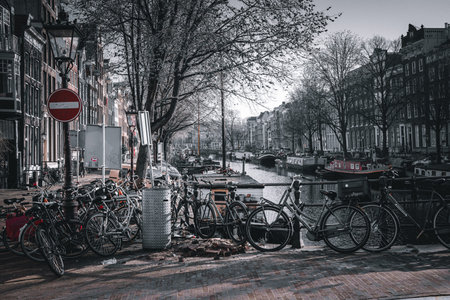Street view of Amsterdam with bicycles. Amsterdam is the capital and most populous city of the...