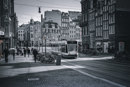 Tram in the center of Amsterdam.の写真素材