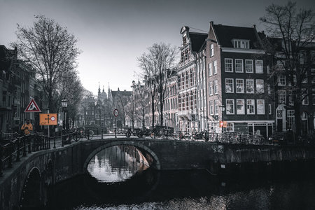 Amsterdam canals and typical houses. Amsterdam is the capital and most populous city of the Netherlands.の写真素材