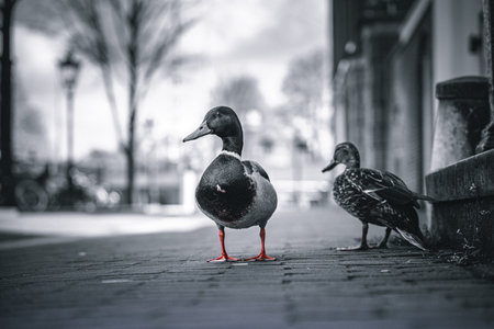 Ducks on the streets of Amsterdam, Holland. Black and white photo.の写真素材