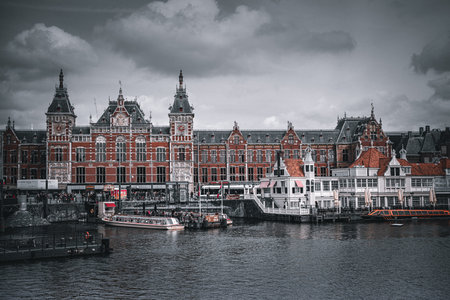 Panoramic view of Amsterdam city center, Netherlands. Black and white tone.の写真素材