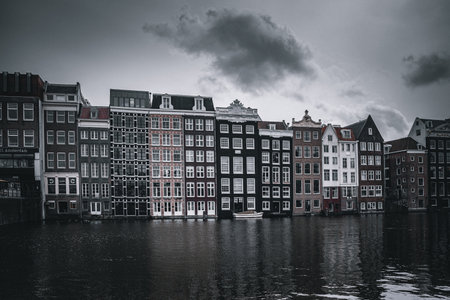Amsterdam, Netherlands. Beautiful view of Amsterdam canals and traditional Dutch houses.の写真素材
