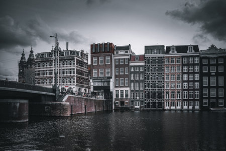 Amsterdam, Netherlands. Cityscape with canal and old houses.の写真素材