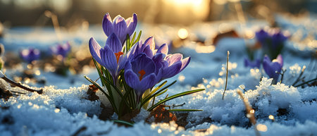 Spring crocus flowers in the snow. Early spring. Symbol of peace and joy. Landscape photography.の素材