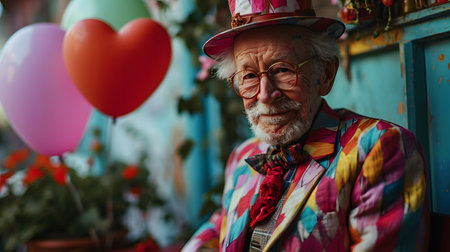 Portrait of an old man in a hat and glasses with balloonsの素材