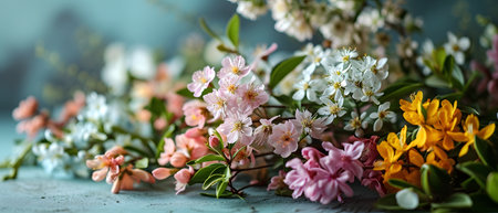 Spring blossom background with pink and yellow flowers and green leaves.の素材