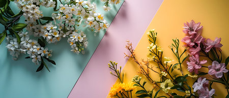 Creative layout made of spring flowers on colorful background. Flat lay, top view, copy spaceの素材