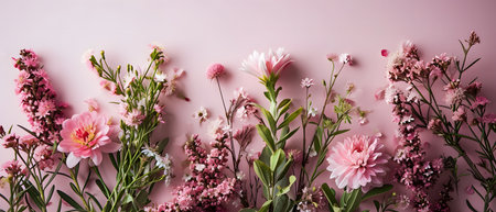 Flowers composition on pink background. Flat lay, top view, copy spaceの素材