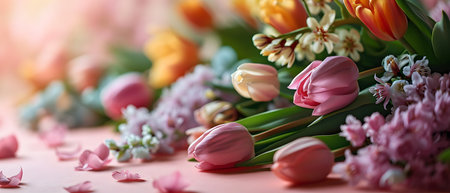 Spring bouquet of tulips and hyacinths on a pink backgroundの素材