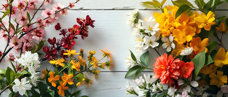 Spring flowers on a white wooden background. Flat lay, top view.の素材