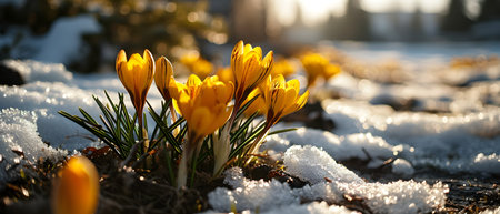 Yellow crocuses in the snow. First spring flowers. Early spring.の素材