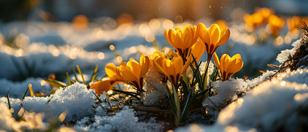Beautiful yellow crocus flowers in the snow. First spring flowers.の素材