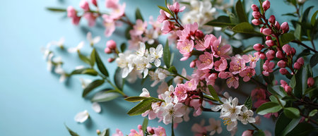 Beautiful blossoming branches on color background, closeup. Banner designの素材