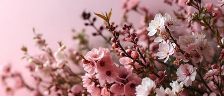 Beautiful blooming sakura branch on color background, closeupの素材