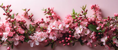 Beautiful blooming branches on pink background, panoramic shotの素材