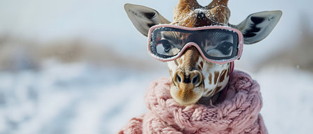 Portrait of a giraffe in a pink scarf and sunglasses on a background of snowの素材