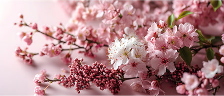Beautiful blossoming branches on light background, closeup. Banner designの素材