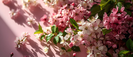 Beautiful blooming branch of cherry on a pink background. Spring concept.の素材