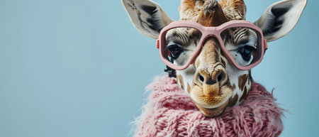 Funny giraffe in pink sunglasses and scarf on blue background.の素材