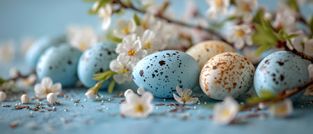 Blue Easter eggs with spring flowers on blue background. Happy Easter card.の素材