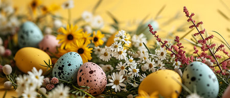 Easter eggs in nest with daisies and flowers on yellow backgroundの素材