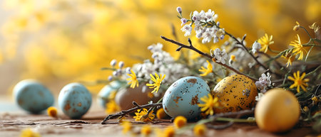 Easter eggs and spring flowers on a wooden background. Selective focus.の素材