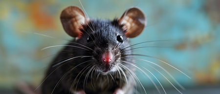 Close-up portrait of a cute black and white rat on a colorful backgroundの素材