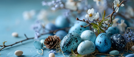Easter background with blue eggs and spring flowers on blue wooden tableの素材