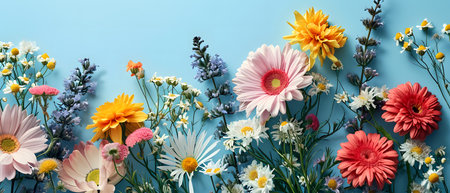 Flowers composition. Colorful flowers on blue background. Flat lay, top view, copy spaceの素材