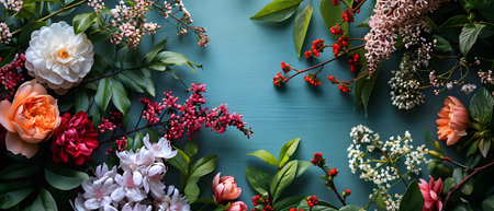 Flowers composition on green background. Flat lay, top view, copy spaceの素材