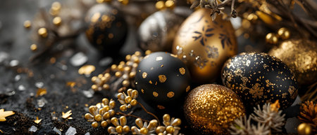 Golden and black Christmas ornaments on dark background with copy spaceの素材