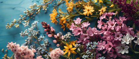 Beautiful bouquet of spring flowers on a blue wooden background.の素材