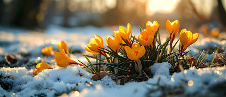 Yellow crocuses in the snow. Early spring. Symbol of peace and joy.の素材