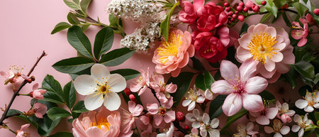 Flowers composition. Spring flowers on pink background. Flat lay, top view, copy spaceの素材
