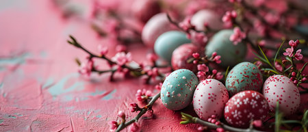 Easter eggs painted in pastel colors with pink flowers on a pink backgroundの素材