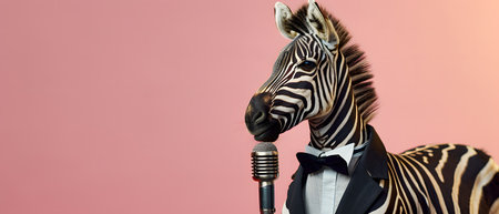 Zebra in a tuxedo with a microphone on a pink backgroundの素材
