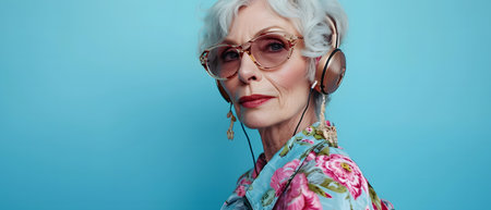panoramic shot of stylish senior woman in sunglasses looking at camera isolated on blueの素材