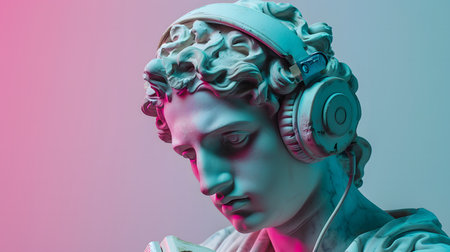 Statue of Apollo listening to music with headphones on a pink backgroundの素材