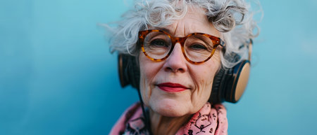 Portrait of senior woman listening to music with headphones, panoramaの素材