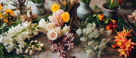 Bouquet of spring flowers on rustic background. Floral shop concept.の素材