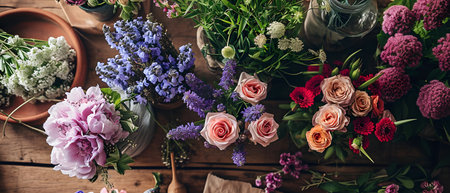 Flower shop. Beautiful bouquet of different flowers in a vase on a wooden background.の素材