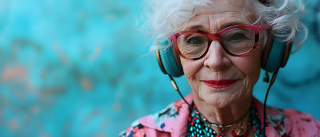 Portrait of senior woman listening to music with headphones. Elderly lady in pink jacket.の素材