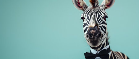 Portrait of a zebra with a bow tie on a blue backgroundの素材