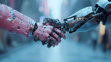 3d rendering humanoid robot hand shake with another robot in futuristic spaceの素材