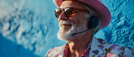 Portrait of senior man in hat and sunglasses listening to music with headphonesの素材