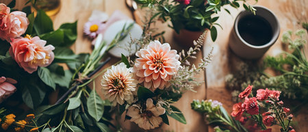 Beautiful bouquet of dahlias and other flowers on a wooden backgroundの素材