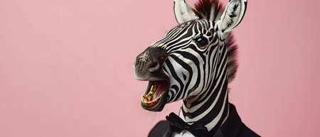 Funny portrait of a zebra in a bow tie on a pink background.の素材