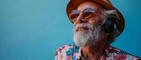 Portrait of senior man with white beard and sunglasses listening to music with headphones.の素材
