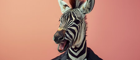 Portrait of a zebra with open mouth against pink background.の素材
